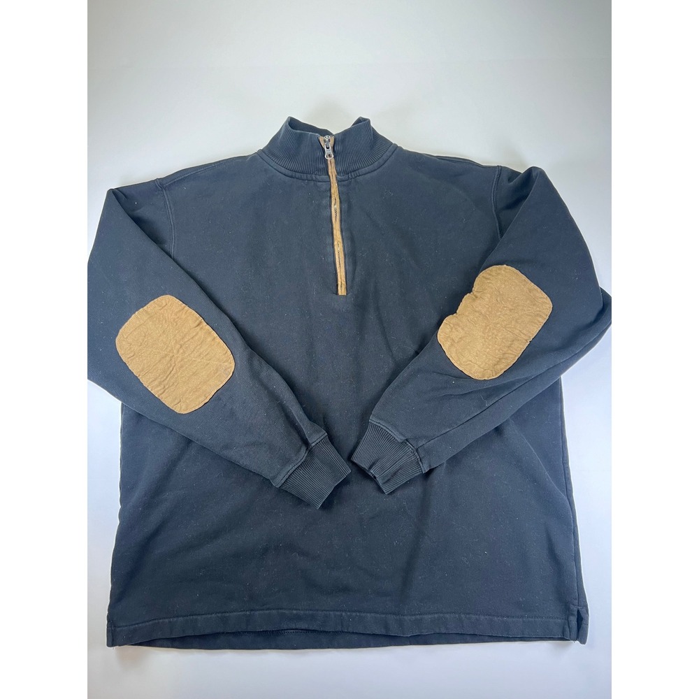Woolrich‎ Pullover Sweater Mens L Black Quarter Zip Elbow Patches Corduroy Trim